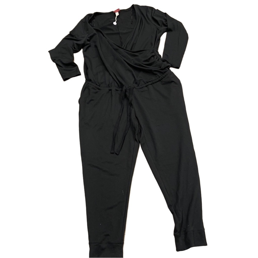 Paisley Sky L black maternity jumpsuit with days wrap front & drawstring waist